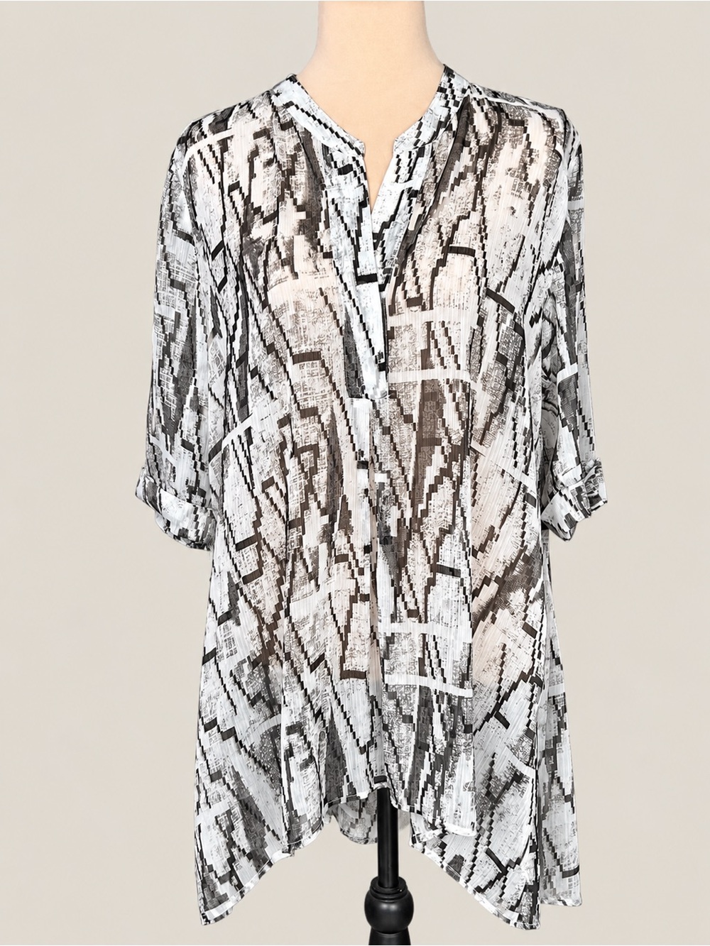 NIC+ZOE Abstract Print Tunic Top M Asymmetrical Hem 3/4 Sleeve